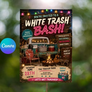 Op de afbeelding: Een uitnodigingsflyer voor een feest met de titel WHITE TRASH BASH!, een vintage blauwgroene pick-up truck, een kampvuur, een rode koelbox en lichtsnoeren. De tekst bevat Saturday June 28th, 6:00 PM, The Trailer Park, 123 Dirt Road, Backwoods, USA 12345.