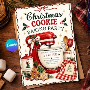 May include: A Christmas Cookie Baking Party invitation card featuring a red stand mixer, a gingerbread man, a snowflake cookie, and a red and white checkered towel. The text reads: Christmas Cookie Baking Party, Saturday, December 14, 2:00 PM.