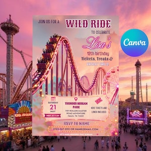 May include: A birthday invitation flyer featuring a roller coaster graphic against a sunset sky. Text includes: JOIN US FOR A WILD RIDE TO CELEBRATE Lisa's 12th birthday, Tickets, Treats & BIRTHDAY THRILLS, THUNDER SCREAM PARK, 789 ROLLERCOASTER ROAD.