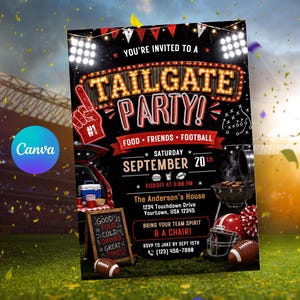 May include: A black digital invitation for a tailgate party featuring a red foam finger, a football helmet, a grill, and text that reads: YOU'RE INVITED TO A TAILGATE PARTY! FOOD, FRIENDS, FOOTBALL, SATURDAY SEPTEMBER 20th, KICKOFF AT 3:00 PM.