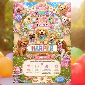 May include: A party invitation featuring four puppies, balloons, and flowers. The text reads PAWS & PLAYDATE PARTY, HARPER IS TURNING THREE, and includes event details for Saturday, June 14, 2025, at Harper's Dog Park, 123 Puppy Lane, PA.