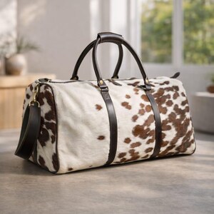 Handmade Leather Duffle weekender bag men Hair on overnight weekend bag travel gifts image 3