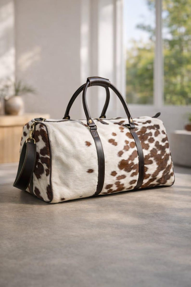 Handmade Leather Duffle weekender bag men Hair on overnight weekend bag travel gifts image 3