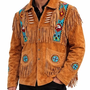 Handmade Men's Suede Leather Western Cowboy Jacket Coat with Fringes