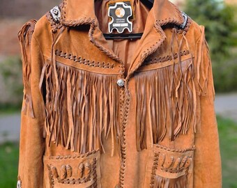 Handgefertigte Western-Wildleder-Fransenjacke für Herren | Native Cowboymantel mit Perlen-Details