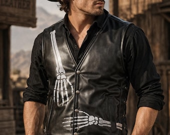 Lederweste mit Skelettmuster für Herren, handgefertigte schwarze Bikerweste, Gothic-Motorradweste, Western-Cowboymantel