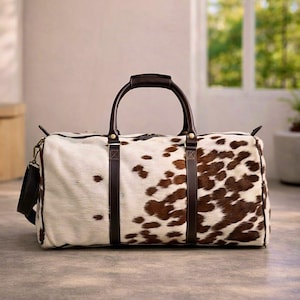 Handmade Leather Duffle weekender bag men Hair on overnight weekend bag travel gifts image 1