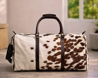 Handmade Leather Duffle weekender bag men Hair on overnight weekend bag travel gifts