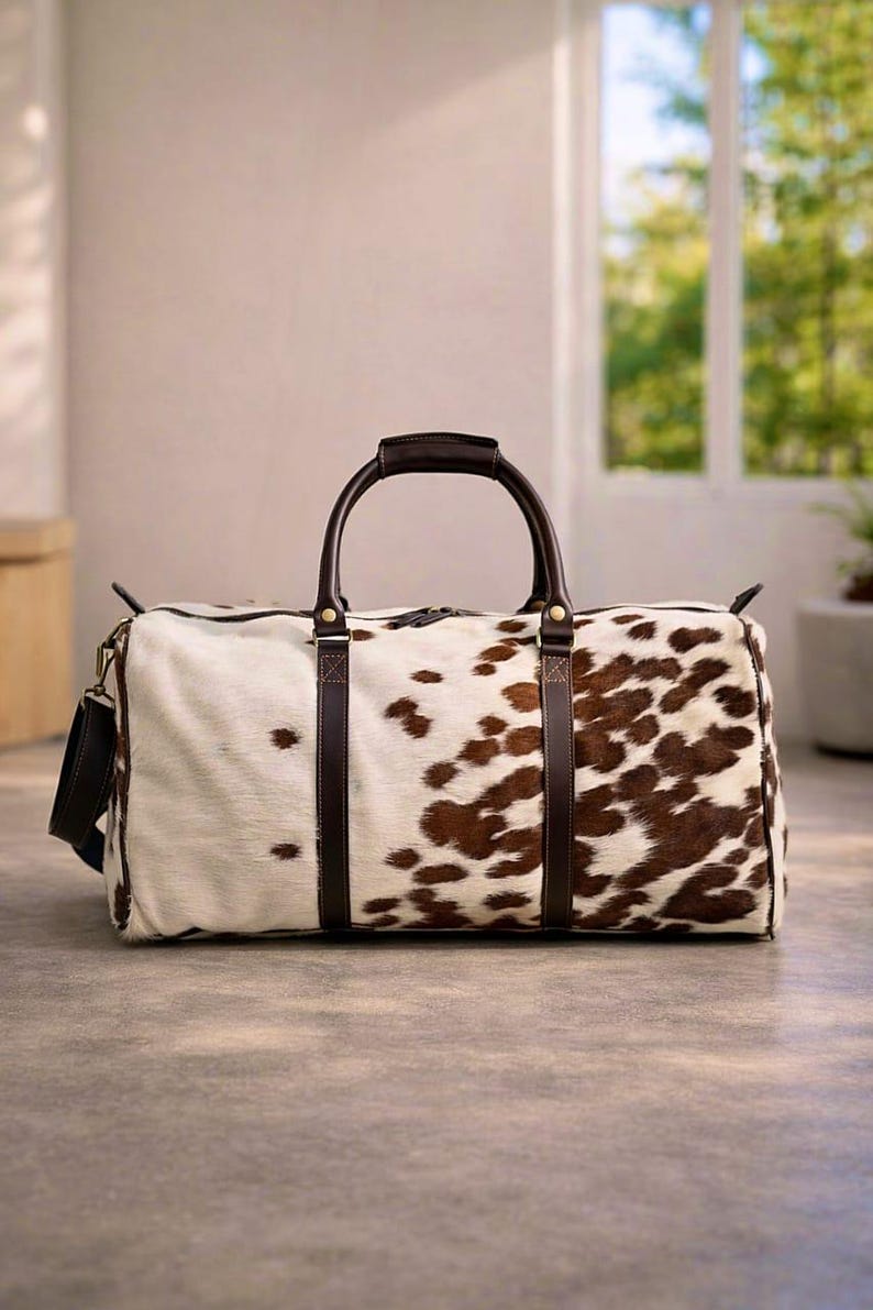Handmade Leather Duffle weekender bag men Hair on overnight weekend bag travel gifts image 1