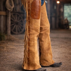 May include: Tan leather chaps with fringe detailing and a pocket on the thigh. The chaps are worn over blue jeans and paired with black cowboy boots. The chaps are secured with a brown leather belt.