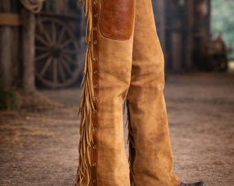 Handgefertigte Western-Chaps aus Leder mit Fransen | Echte Cowboy Rodeo Chaps