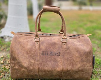 PERSONALIZED Leather Duffle bag Men Laser Engraved Handmade Overnight Weekender Bag Gifts For Him