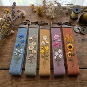 Personalized Wristlet Keychain, Hand Embroidered Linen Fabric Key Fob, Floral Wrist Lanyard, Custom Name Gift