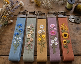 Personalized Wristlet Keychain, Hand Embroidered Linen Fabric Key Fob, Floral Wrist Lanyard, Custom Name Gift