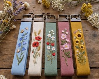 Personalized Wristlet Keychain, Hand Embroidered Linen Fabric Key Fob, Floral Wrist Lanyard, Custom Name Gift