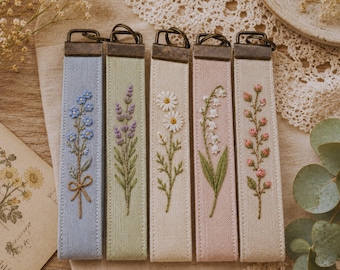Personalized Wristlet Keychain, Hand Embroidered Linen Fabric Key Fob, Floral Wrist Lanyard, Custom Name Gift