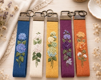 Personalized Wristlet Keychain, Hand Embroidered Linen Fabric Key Fob, Floral Wrist Lanyard, Custom Name Gift