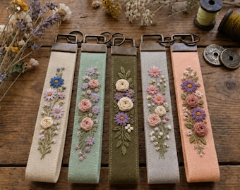 Personalized Wristlet Keychain, Hand Embroidered Linen Fabric Key Fob, Floral Wrist Lanyard, Custom Name Gift