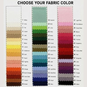 May include: A fabric color chart titled CHOOSE YOUR FABRIC COLOR, featuring three vertical columns of fifty-four numbered fabric swatches with pinked edges. The swatches display a wide spectrum of colors including whites, yellows, oranges, greens, blues, pinks, reds, purples, grays, and blacks, each labeled with its corresponding color name.