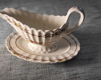 Saucière saucière vintage Copeland Spode Cowslip S713 – Chelsea Wicker – Plateau intégré – État concours