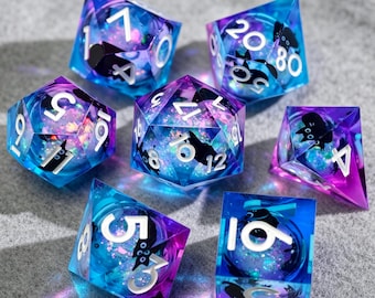Black Cat Liquid Core Dice Set, Purple & Blue Galaxy Resin Dice with Glitter, Sharp Edge Polyhedral DND Dice for TTRPG
