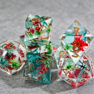 Può includere: Un set di dadi in resina trasparente con inclusioni botaniche. I dadi presentano elementi vegetali rossi, verdi e blu, con numeri color oro. Sono visibili varie forme poliedriche, tra cui D6, D12 e D20.