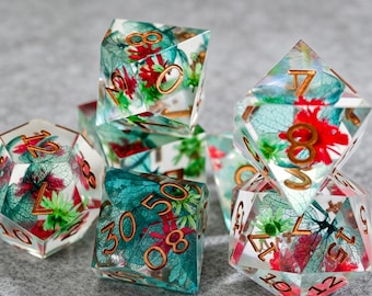 Enchanted Bloom Dice Set | Botanical Sharp Edge DnD Dice | Handcrafted Resin Dice with Flowers Gold Numbers for Dungeons & Dragons RPG