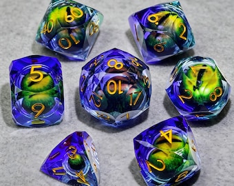 Dragon Eye Liquid‑Core Resin Dice Set, Sharp‑Edge Polyhedral Dice, Rolling Dragon Gaze, Gold Numbered D&D Dice for Fantasy Tabletop Gaming