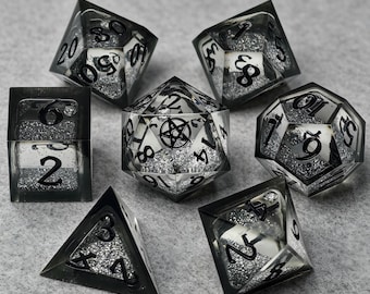 Pentagram Liquid Core Resin Dice Set, Sharp‑Edged Polyhedral TTRPG Dice, Swirling Silver Glitter Dice
