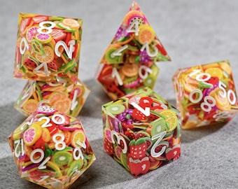 Tropisch fruithars dobbelstenen set, dobbelstenen met scherpe rand en gemengde fruitschijfjes, cadeau voor kerkers en draken, dobbelstenen voor vakantie, verzamelaar