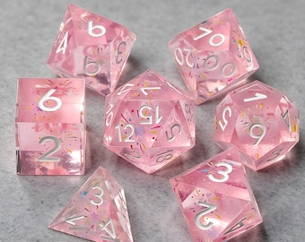 Handmade Pastel Pink Resin DND Dice Set, Sharp‑Edge Polyhedral Dice with Colorful Sprinkle Star Confetti