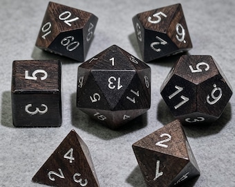 Purple Sandalwood DND Dice Set, Solid Dark Wood Polyhedral Dice, Silver Engraved Numbers, Natural Wooden RPG Dice, Druid Dice