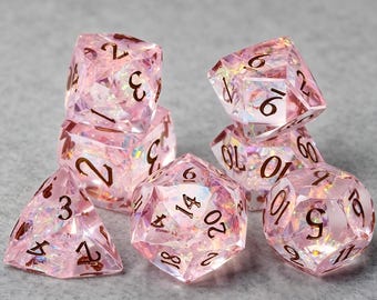 Iridescent Rainbow Foil Pink Resin Dice, Sharp‑Edge Handmade Polyhedral DnD Dice Set, Collectible Dice for Dungeons and Dragons
