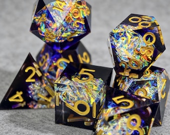 Galaxy Purple Black Resin Dice Set, Holographic Foil Sharp Edged DND Dice, Handmade Polyhedral RPG Dice