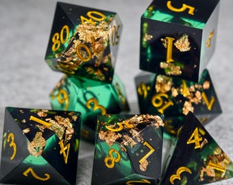 Emerald Black Resin Dice with Gold Foil, Sharp Edge DND Dice Set,Polyhedral RPG Dice for Dungeons and Dragons