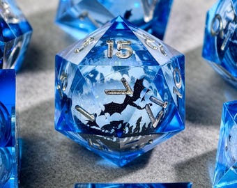 Vampirecore Blue Dice Gift for DnD Lovers, Gothic Castle Liquid Core Polyhedral Dice, Handmade Spooky TTRPG Dice for RPG Fans