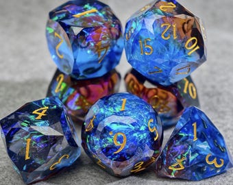 Amber Blue Nebula Resin Dice, Handmade Sharp Edge Galaxy DnD Dice Set for TTRP Gamers Gift,RPG Polyhedral Iridescent Dice