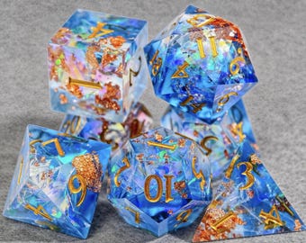 Deep Sea Blue Resin Dice Set, Handmade Aurora Sharp Edge Holographic DnD Dice for TTRPG Gamers