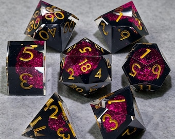 Premium Handcrafted Gem Resin Dice Set, Midnight Magenta Embedded Glitter Sharp Edge DND Dice Shadow Sorcerer Tabletop Game Dice