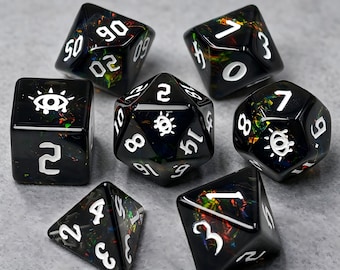 Dark Occult‑Style Resin Dice Set, Custom All‑Seeing‑Eye Symbol DND Polyhedral Dice, Black Iridescent Foil Inlay TTRPG Dice