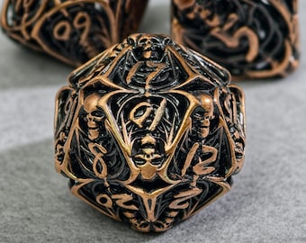 Gothic Necromancer Dice Set, Hollow Zinc Alloy Skeleton Dice, Antique Copper Metal TTRPG Dice for DnD Players