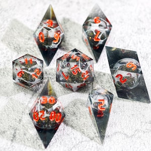 Smoky Void Liquid Core Dice Set，sharp dice，Red Numbers，DND Dice for TTRPG， gemstone handmade resin sharp edge dnd dice set for DnD, D&D