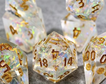 Clear Prism Resin Dice Set, Sharp Edge Polyhedral Dice with Iridescent Shards, Gold Numbered DND Dice for TTRPG, Fantasy RPG Gaming