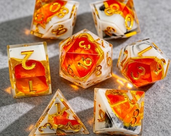 Inferno Flame Resin Dice Set, Orange Fire Swirl & White Marble with Gold Trim, Sharp Edge DND Dice with Gold Numbers