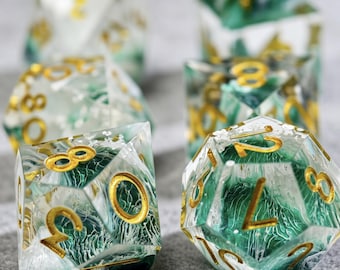 Teal Green Dice Set,Handmade Ocean Space sharp Edge Polyhedral Dice,Galaxy Dice for Tabletop RPGs,RPG Dice for TTRPG Lovers Gifts
