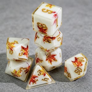 Maple Leaf Dice Set, White Resin Sharp Edge DND Dice, Gold Ink Polyhedral RPG Dice for D&D, TTRPG, Gift Dungeons and Dragons