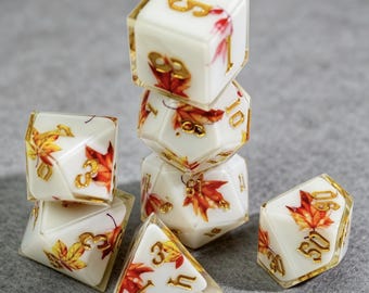 Maple Leaf Dice Set, White Resin Sharp Edge DND Dice, Gold Ink Polyhedral RPG Dice for D&D, TTRPG, Gift Dungeons and Dragons