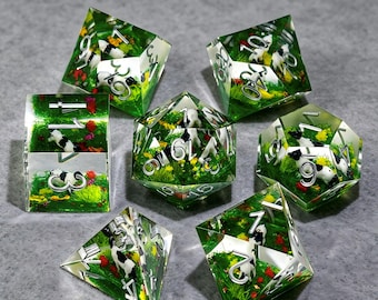 DND Dice Set Miniature Cow Pasture Sharp Edge Clear Resin Polyhedral Dice Silver Number Cottagecore Farmer TTRPG Tabletop RPG Gift