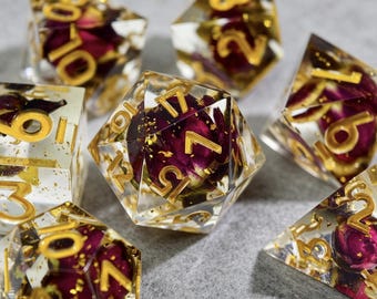 Handmade Clear Resin Dice Set with Real Rose Bud and Gold Foil, TTRPG Polyhedral DND Dice, Tabletop Games Player Gifts