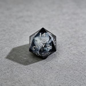 May include: A black and white marbled twenty-sided die, with silver numerals. The die is set against a gray background, casting a shadow. The numbers 2, 8, 14, 16, and 20 are visible.